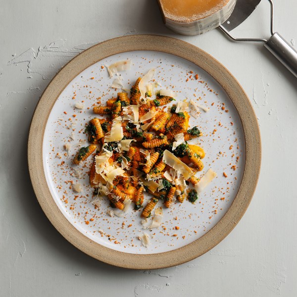 Carrot juice cavatelli, tops salsa & spiced pulp crumble