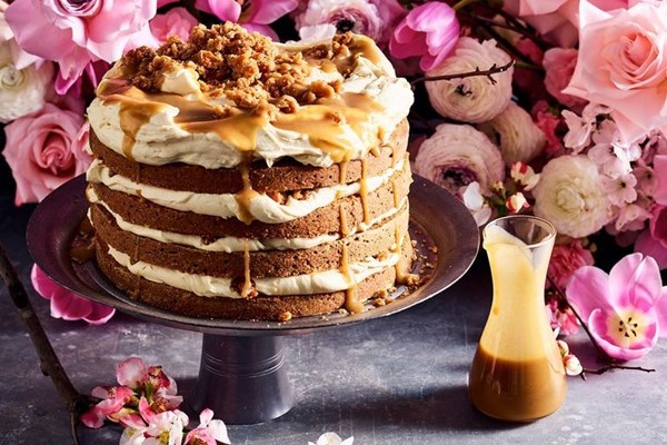 Carrot layer cake with burnt-butter whisky sauce