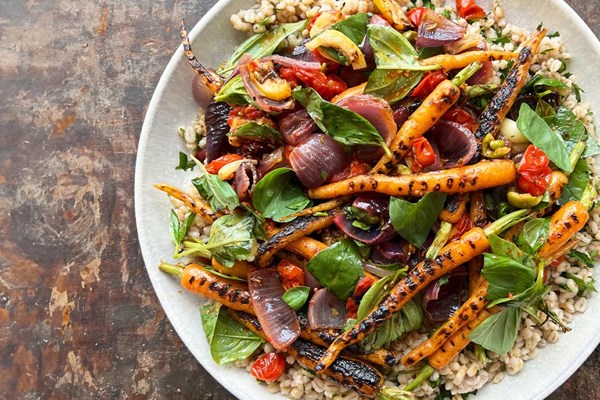 Carrot, lemon, roasted tomato and barley salad