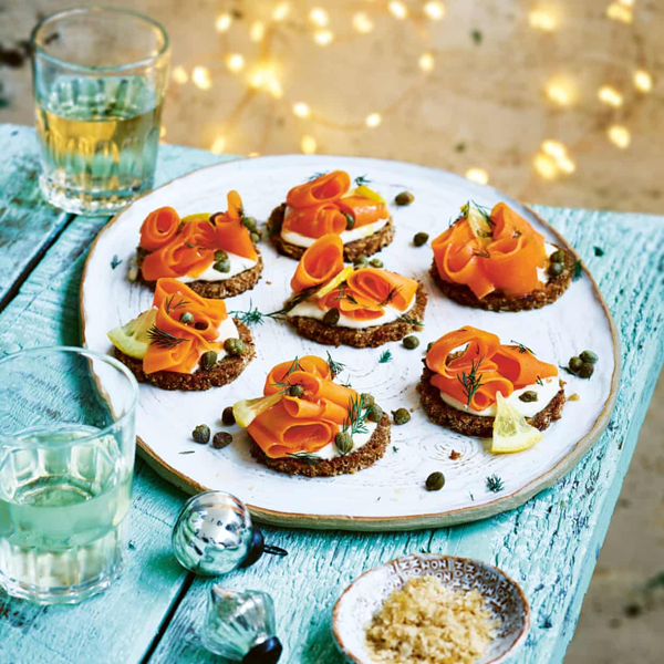 Carrot 'lox' with 'cream cheese' capers and dill canapés