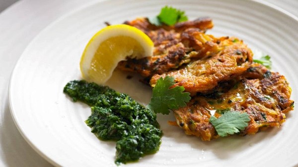 Carrot, onion and black mustard seed fritters with fresh coriander relish