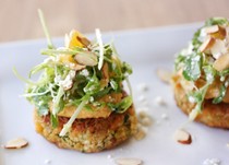 Carrot pancakes with hummus and a feta salad