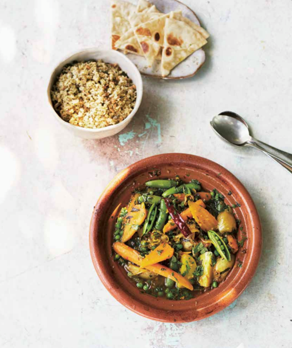 Carrot, pea & cardamom tagine with seeded freekeh and flat breads