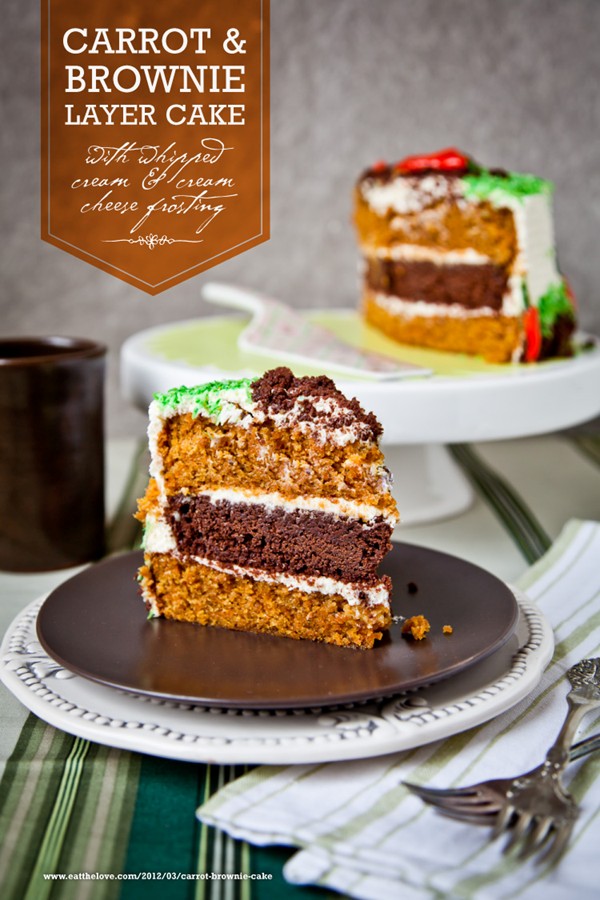 Carrot pineapple spice & brownie layer cake with whipped cream & cream cheese frosting and marzipan carrots