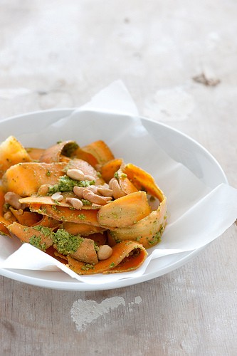 Carrot ribbon salad with pesto dressing & cashews