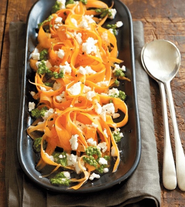 Carrot ribbons with sorrel pesto and crumbled goat cheese