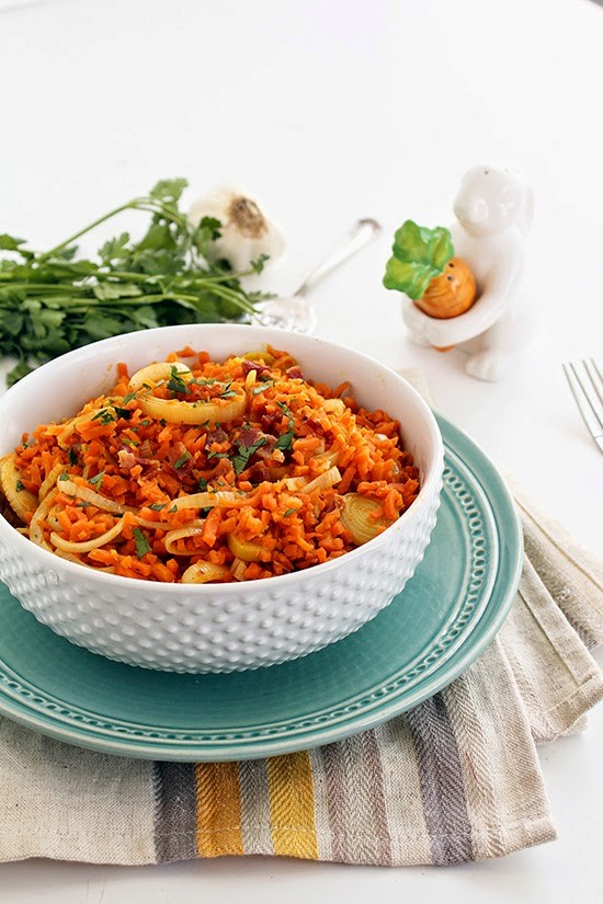 Carrot "rice" leek risotto with bacon