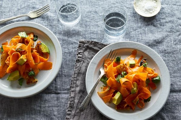 Carrot salad with charred pineapple, avocado & cumin-lime dressing