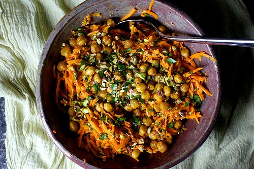 Carrot salad with tahini and crisped chickpeas