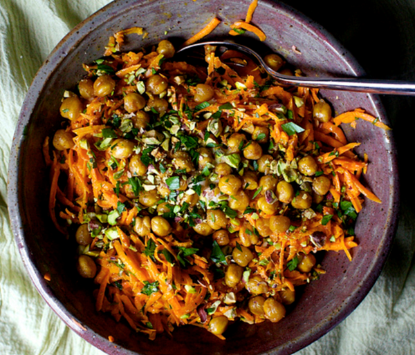 Carrot salad with tahini, crisped chickpeas, and salted pistachios