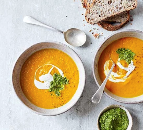 Carrot soup & chilli coriander pesto
