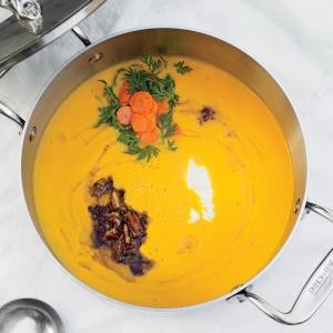 Carrot soup with brown butter, pecans, and yogurt
