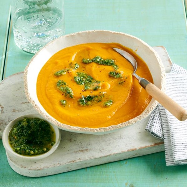 Carrot soup with carrot-top pesto