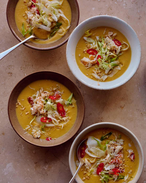 Carrot soup with fennel, chilli and crab