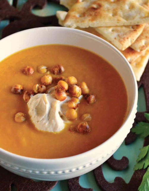 Carrot soup with lemon-tahini dollop and crisped chickpeas [Deb Perelman]