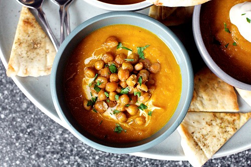 Carrot soup with tahini and crisped chickpeas