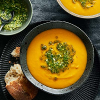 Carrot soup with Thai basil pesto