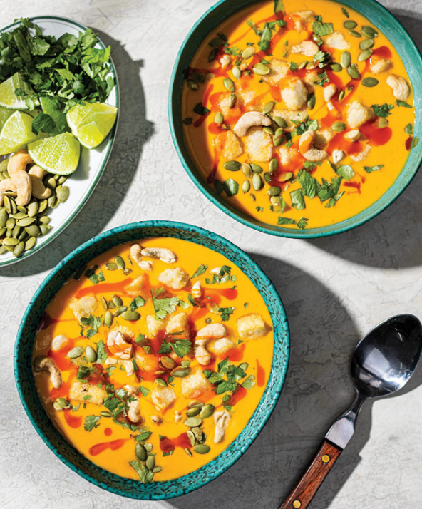 Carrot soup with Thai curry paste and tofu croutons