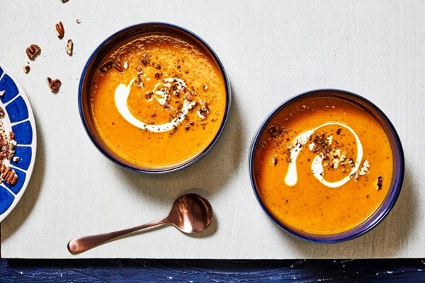Carrot soup with toasted spices and pecans