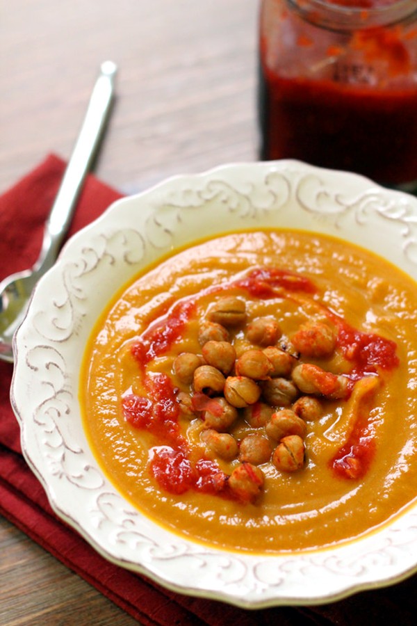 Carrot, squash, and coriander soup with crunchy harissa chickpeas