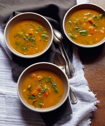 Carrot, sweet potato and ginger soup with baby bok choy