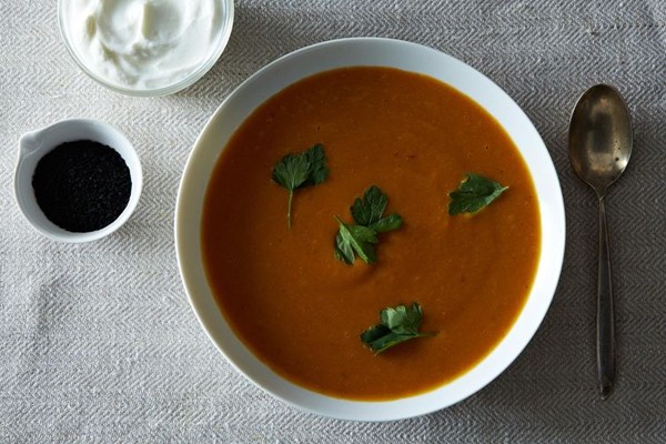 Carrot, sweet potato, and red lentil soup with Moroccan flavors