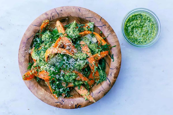 Carrot top pesto and kohlrabi salad