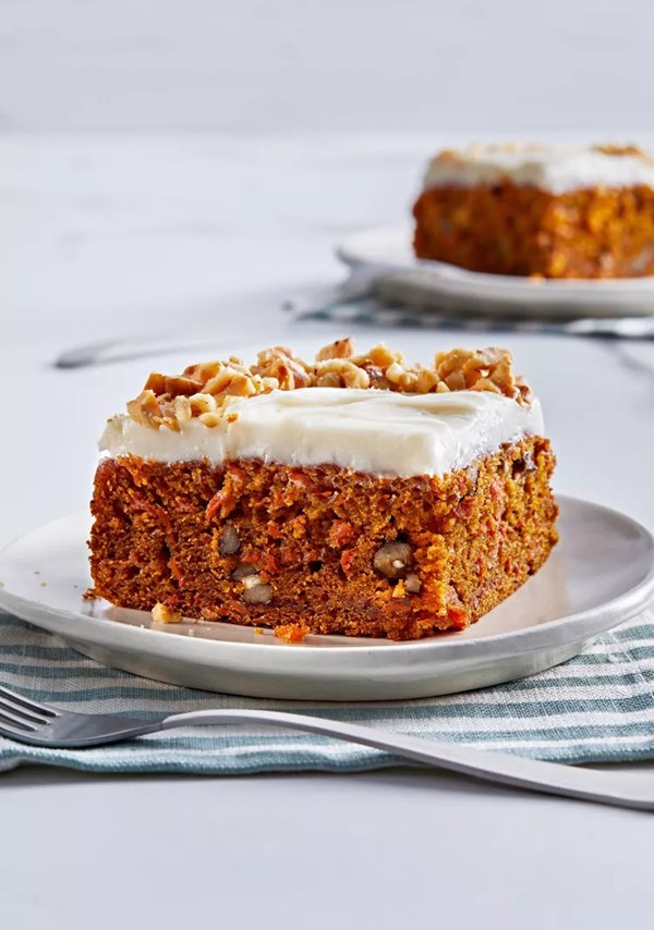 Carrot-walnut snack cake with cream cheese frosting