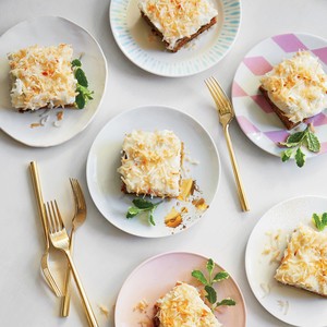 Carrot-zucchini cake with coconut-cream cheese frosting