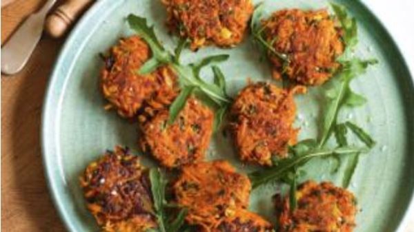 Carrots and chickpea fritters with chorizo relish