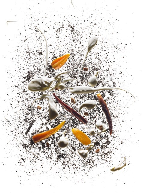Carrots roasted in coffee beans, creme fraiche, oats, cilantro
