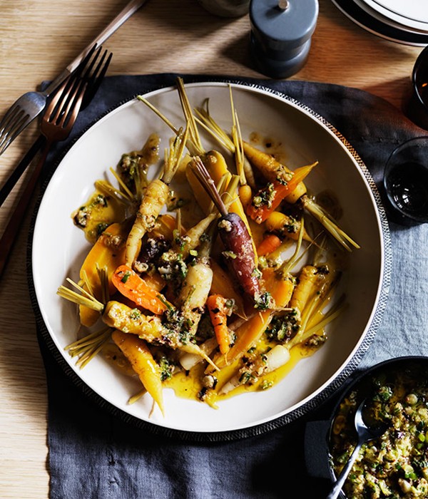 Carrots with garlic, ginger, spring onion and smoked chilli butter