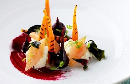 Carrots with smoked trout, mozzarella, wakami seaweed and beetroot emulsion