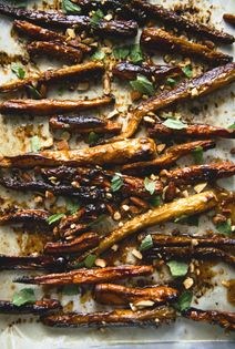 Carrots with spicy apricot jam, mint, and almonds