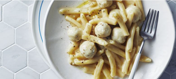 Casarecce with chicken dumplings and Parmesan