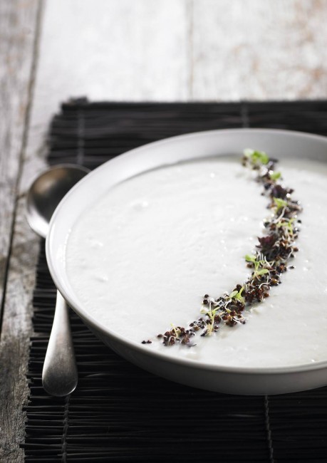 Cashew, cauliflower and quinoa sprout soup