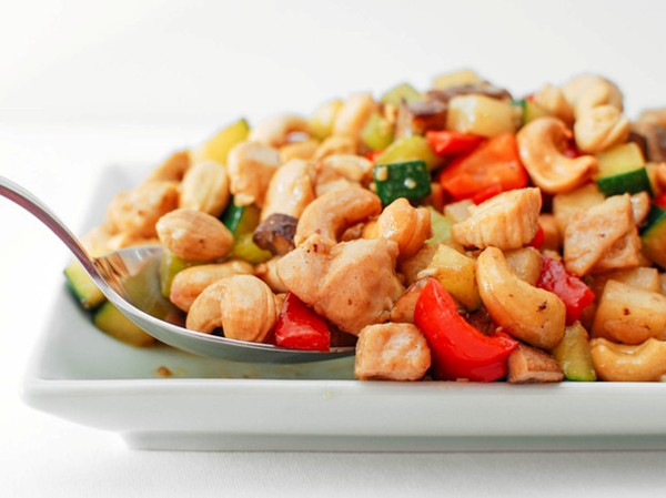 Cashew chicken ding with jicama, celery, and red bell pepper