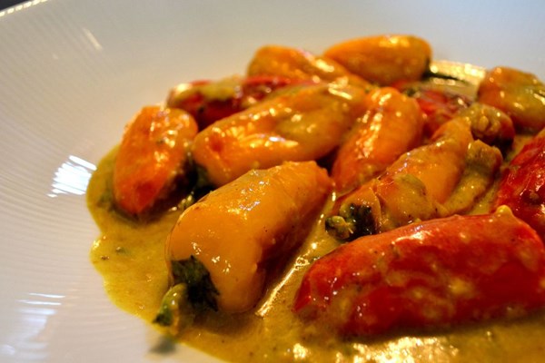 Cashew nut stuffed capsicum in a coconut and curry sauce