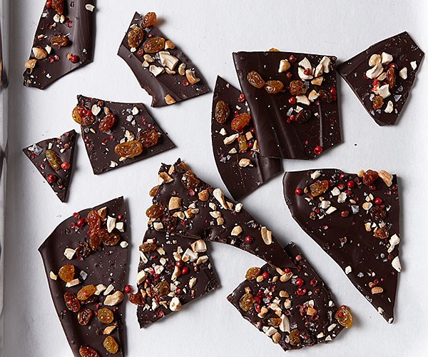 Cashew, raisin, and pink peppercorn bark