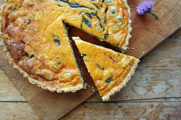 Cashew red pesto and broad bean egg pie with poppyseed and lemon thyme crust 