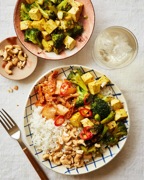 Cashew rice bowls with tofu, broccoli and kimchi