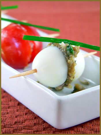 Cashews and eggplant purée in quail eggs