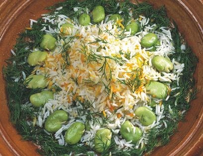 Caspian dill & fava bean polow with baby garlic