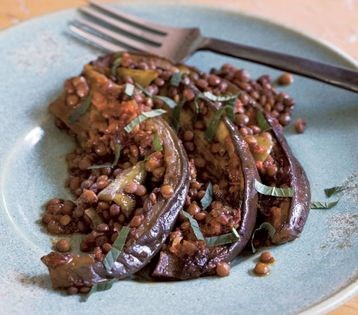 Casserole of lentils, eggplant, and mint