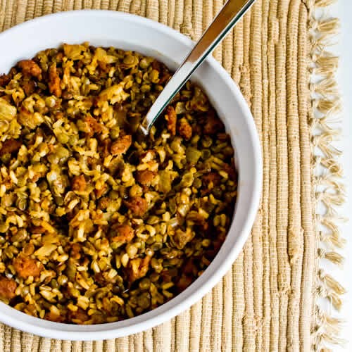 Casserole of lentils, rice, and sausage