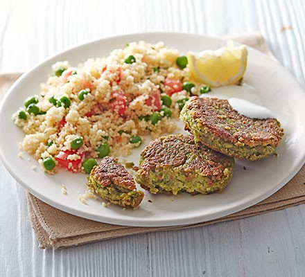 Cassie's pea falafels with minty couscous salad 