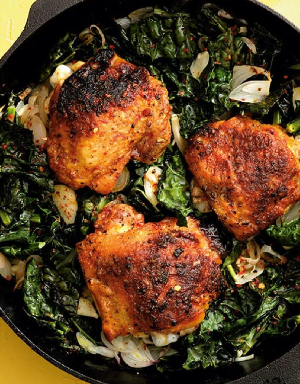 Cast-iron chicken thighs with crispy kale