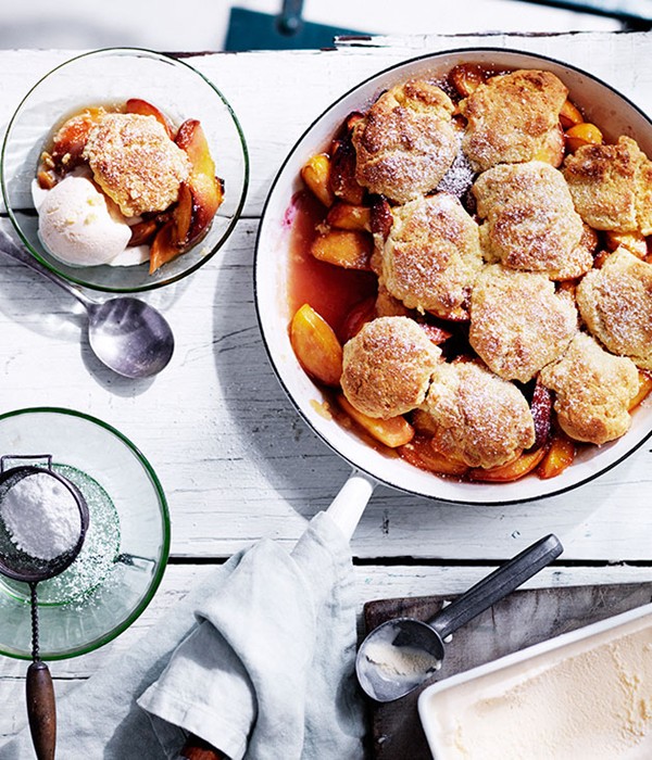 Cast-iron peach cobbler with buttermilk ice-cream