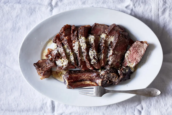 Cast-iron rib-eye steak with anchovy butter