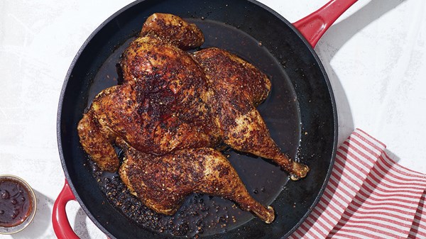 Cast-iron spatchcocked chicken with pastrami spices